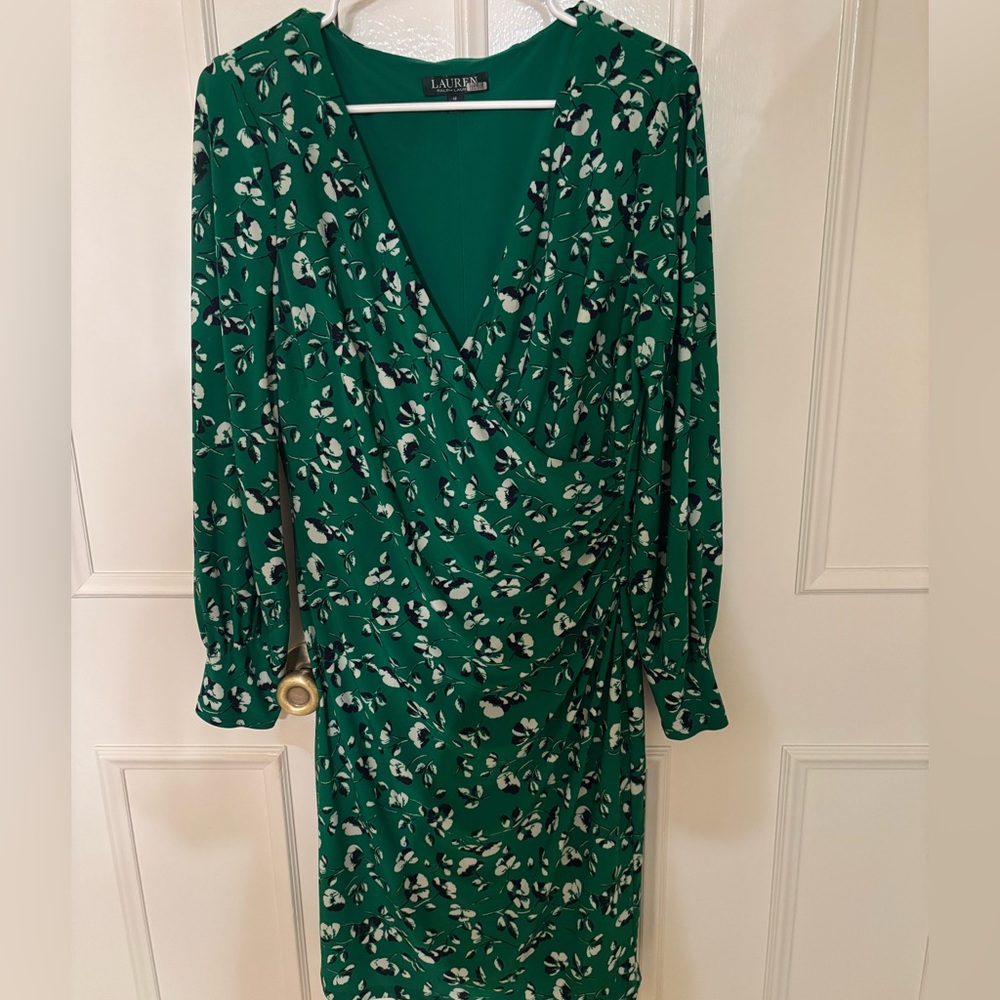 Lauren Ralph Lauren Floral Green Ruched Wrap Dress, Size 12